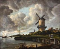 LANDSCHAFTMALER Niederlande, 20.Jh. Holländische Flußlandschaft mit Segelbooten, Windmühle und