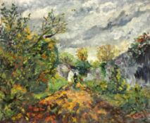 MOREL, J. Französischer Maler um 1949 Impressionistische Landschaft mit Personen. Öl/Lwd., signiert,