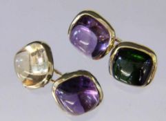 PAAR MANSCHETTENKNÖPFE 585/000 Gelbgold mit Amethysten, Citrinen und Turmalinen. Brutto ca. 14g A