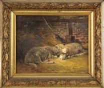 ROBERT, G. Französischer Maler 1903 2 Schafe im Stall. Öl/Lwd., signiert und datiert. 22x27cm, Ra.