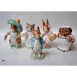 Five Beswick Beatrix Potter figures, each with gold backstamp: Johnny Town Mouse, Mrs Rabbit,