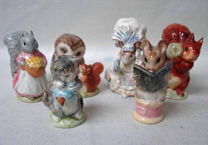 Six Beswick Beatrix Potter figures: Squirrel Nutkin, Goody Tiptoes, Old Mrs Brown, Lady Mouse,