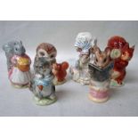 Six Beswick Beatrix Potter figures: Squirrel Nutkin, Goody Tiptoes, Old Mrs Brown, Lady Mouse,