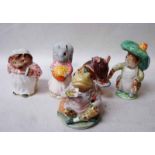 Five Beswick Beatrix Potter figures, each with gold backstamp: Benjamin Bunny, Mrs Tiggy Winkle,