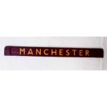 Double sided maroon Carriage Board 'London/Manchester', 81cm long