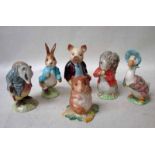 Six Beswick Beatrix Potter figures: Pigling Bland, Tommy Brock, Peter Rabbit, Jemima Puddle Duck,