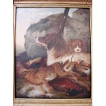 English School, two spaniels guarding shot game, unsigned oil on canvas, 60cm by 74cm