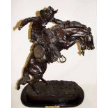 After Frederic Remington, (American 1861-1909), Bronco Buster, bronze figural group on oval base,