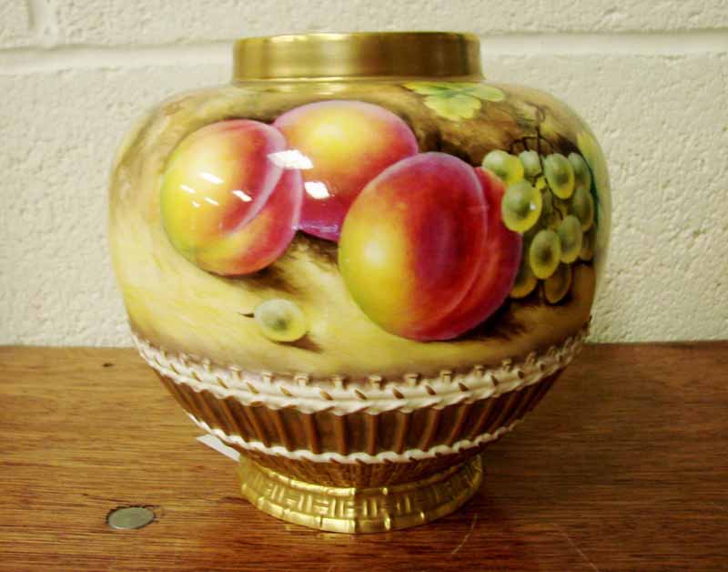 A Royal Worcester Pot Pourri Jar, shape number 1286, painted in the round with fruit against a mossy