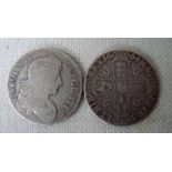 A Charles II Silver Crown Coin, 1664 and another 1673, both worn