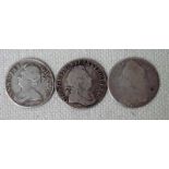 A Queen Anne 1709 Shilling, a George I 1723 Shilling and a worn George III Shilling (3)