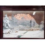 Alois Arnegger (Austrian 1879-1969), Alpine Village in Winter with sunset on Mountain, oil on canvas