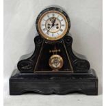 A French Art Deco black slate Mantel Clock, drum dial, white enamel with black Roman numerals