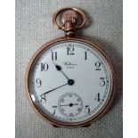 A Waltham 9ct gold open face keyless wind 15 jewel gents Pocket Watch, white enamel dial with