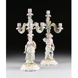 A PAIR OF MEISSEN PARCEL GILT HAND PAINTED PORCELAIN FOUR-LIGHT FIGURAL CANDELABRA, LATE 19TH