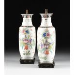 A PAIR OF CHINESE EXPORT REPUBLIC PERIOD CANTON STYLE FAMILLE ROSE TABLE LAMPS, EARLY/MID 20TH