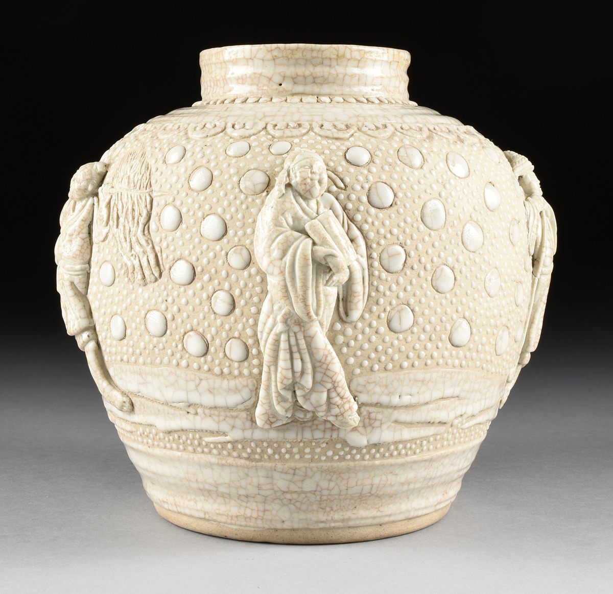 A CHINESE PORCELAIN URN WITH MOLDED DECORATION, 20TH CENTURY, with cream crackle glaze and molded - Image 9 of 14