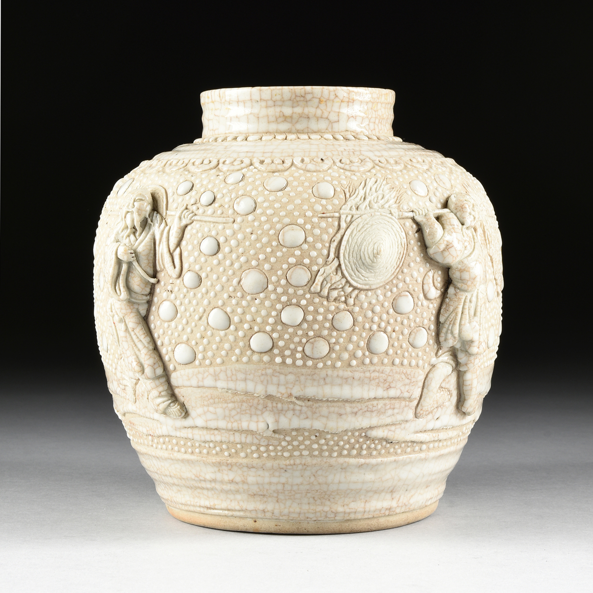 A CHINESE PORCELAIN URN WITH MOLDED DECORATION, 20TH CENTURY, with cream crackle glaze and molded - Image 2 of 14