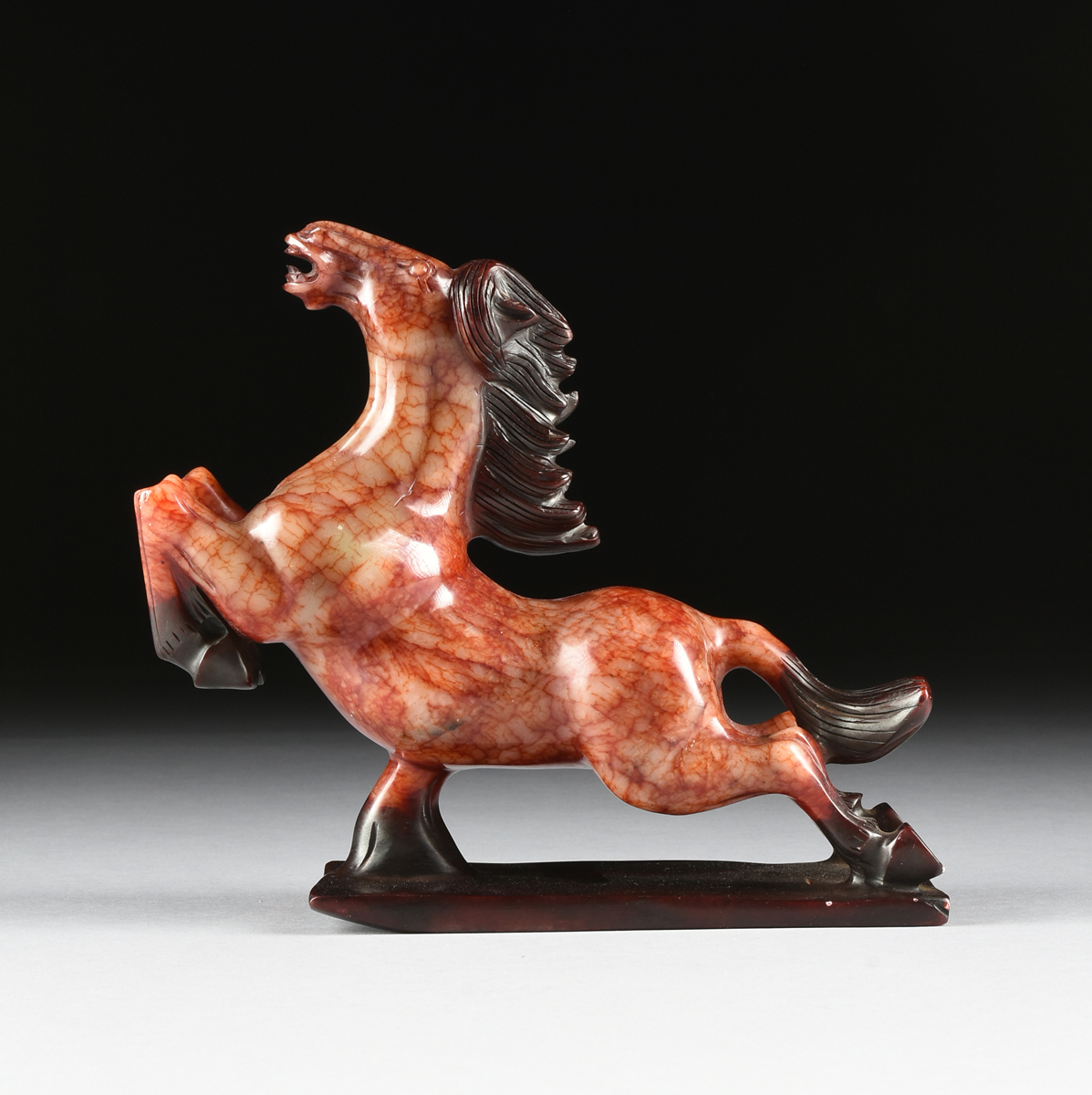 A CHINESE TANG STYLE HARD STONE FIGURE OF A HORSE, 20TH CENTURY, a running horse with brown mane - Image 6 of 9