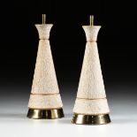 A PAIR OF VINTAGE MID CENTURY MODERN GILT AND WHITE SPECKLED CERAMIC LAMPS, BY "F.A.I.P.," SIGNED,