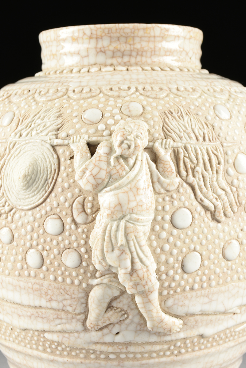 A CHINESE PORCELAIN URN WITH MOLDED DECORATION, 20TH CENTURY, with cream crackle glaze and molded - Image 11 of 14