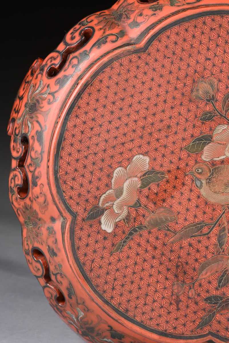 A PAIR OF CHINESE RED LACQUERED WOOD GARDEN SEATS, MID TO LATE 20TH CENTURY, of lobed pentagonal - Image 10 of 11