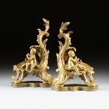 A PAIR OF FRENCH LOUIS XV STYLE GILT BRONZE CHENETS, LATE 20TH CENTURY, the addorsed pair of chenets