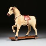 A LARGE LATE VICTORIAN HORSE HAIR HIDE COVERED TOY PULL HORSE, LATE 19TH EARLY 20TH CENTURY, the