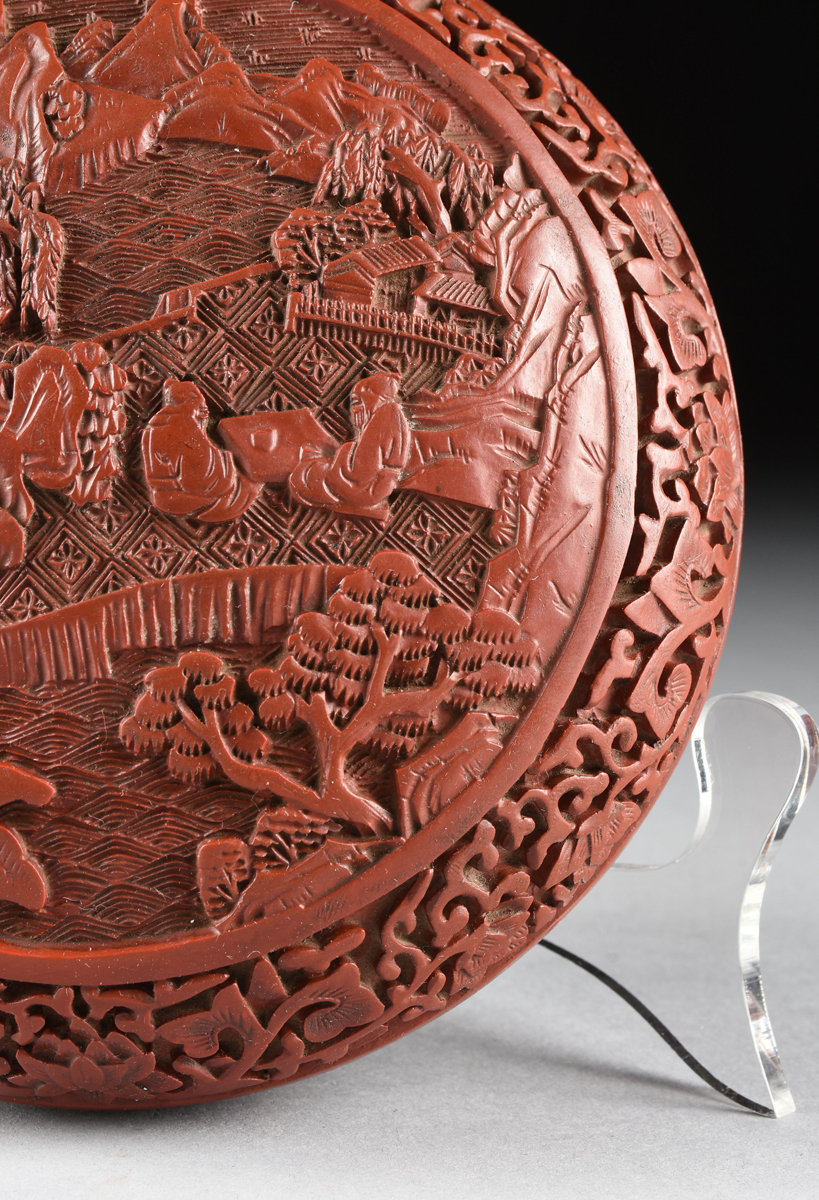 A CHINESE CARVED CINNABAR LACQUER COVERED BOX, REPUBLIC PERIOD CIRCA 1917-1949, the circular - Image 5 of 10