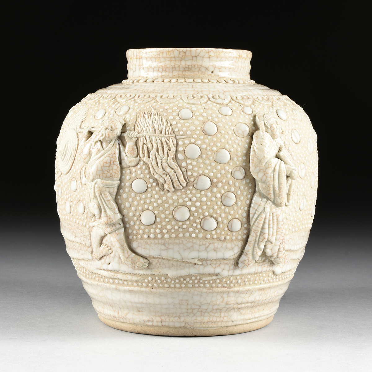 A CHINESE PORCELAIN URN WITH MOLDED DECORATION, 20TH CENTURY, with cream crackle glaze and molded