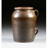 AN AMERICAN GLAZED STONEWARE THREE GALLON TWO HANDLED CROCK, PROBABLY VIRGINIA, 19TH CENTURY, of