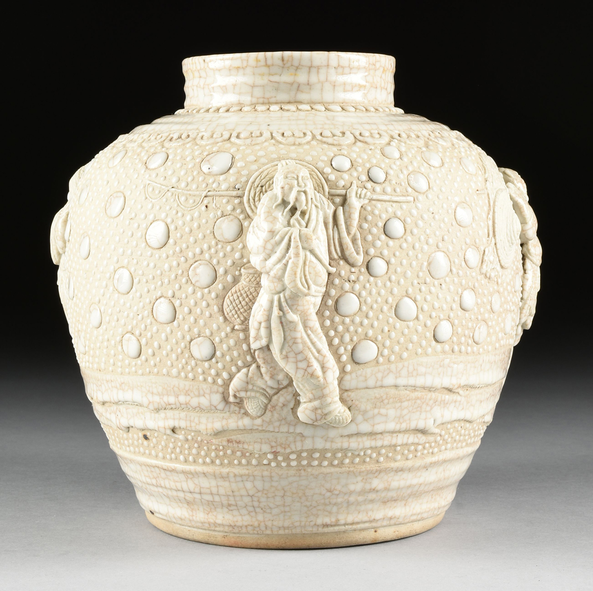 A CHINESE PORCELAIN URN WITH MOLDED DECORATION, 20TH CENTURY, with cream crackle glaze and molded - Image 6 of 14