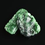 TWO CHINESE SPINACH GREEN JADE PENDANTS, MODERN, one of elongated rectangular form and modeled as