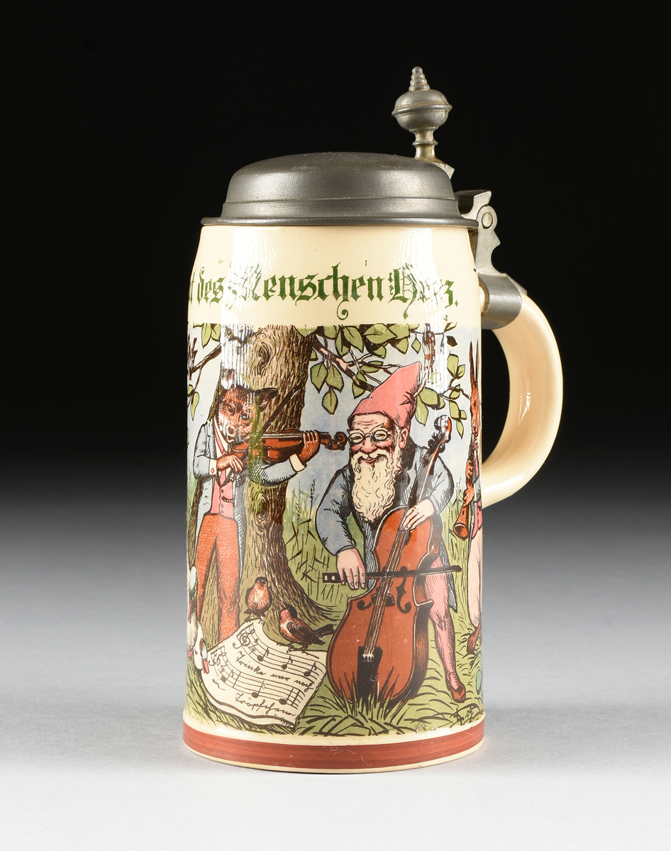 A VILLEROY & BOCH TRANSFER PRINTED STONEWARE AND PEWTER STEIN, METTLACH, GERMANY, 1909, model 1909