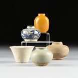 A GROUP OF THREE SOUTHEAST ASIAN GLAZED CERAMIC VASES, A SOUTHEAST ASIAN GLAZED BOWL, AND A