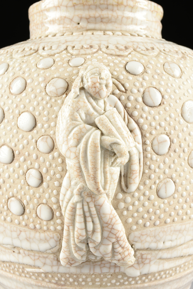 A CHINESE PORCELAIN URN WITH MOLDED DECORATION, 20TH CENTURY, with cream crackle glaze and molded - Image 10 of 14