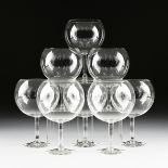 A SET OF EIGHT LARGE CLEAR CRYSTAL FISH BOWL STEM GOBLETS, POSSIBLY LIBBEY, MODERN, a large