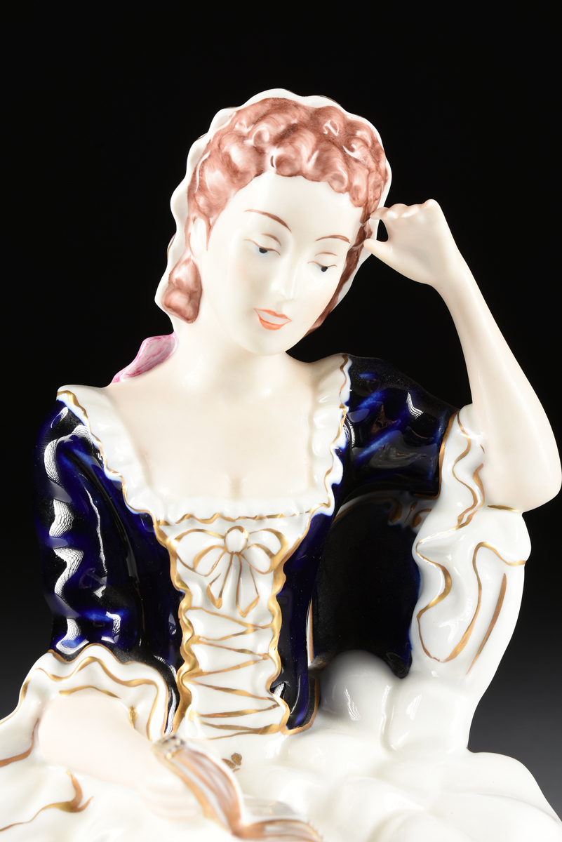 A ROYAL DUX (DUCHCOVSKY) PORCELAIN HAND PAINTED FIGURE OF A SEATED WOMAN, DUCHOV, CZECHOSLOVAKIA, - Image 3 of 13