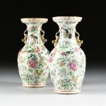 A PAIR OF CHINESE QING DYNASTY FAMIILLE ROSE CANTONESE PARCEL GILT HAND PAINTED VASES, 19TH CENTURY,