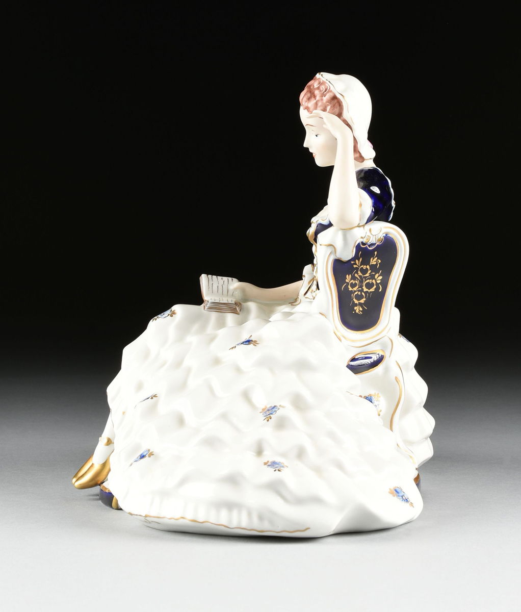 A ROYAL DUX (DUCHCOVSKY) PORCELAIN HAND PAINTED FIGURE OF A SEATED WOMAN, DUCHOV, CZECHOSLOVAKIA, - Image 6 of 13