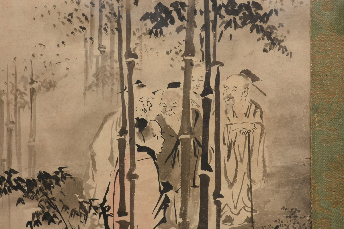 A CHINESE FIGURAL INK PAINTING, 20TH CENTURY, showing eight figures in a bamboo forest, ink on - Image 6 of 7