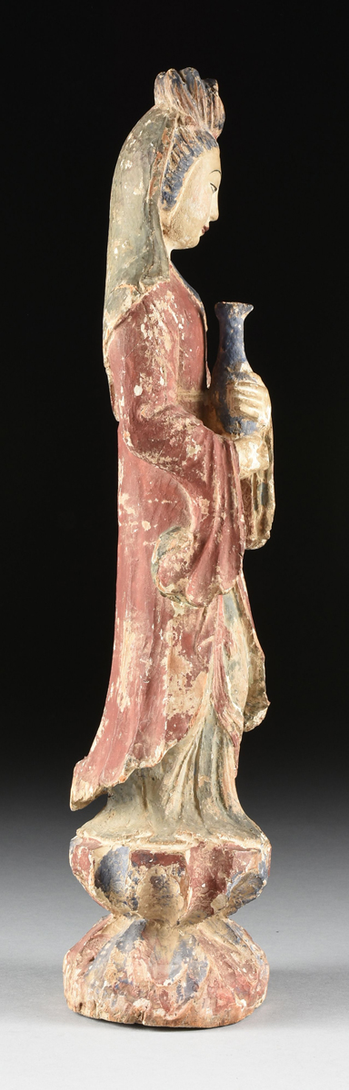 A CHINESE QING DYNASTY POLYCHROME AND GESSO CARVED WOOD GUAN YIN FIGURE, 19TH CENTURY, the figure - Image 6 of 10