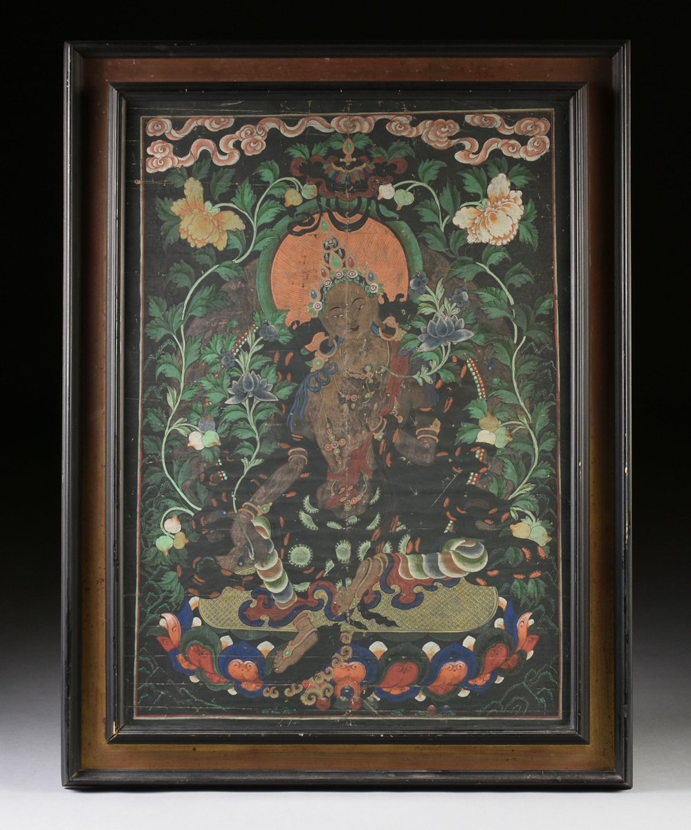AN ANTIQUE FRAMED TIBETAN THANGKA PAINTING, paint on linen. 38" x 27" Condition: Roll marks visible. - Image 2 of 9