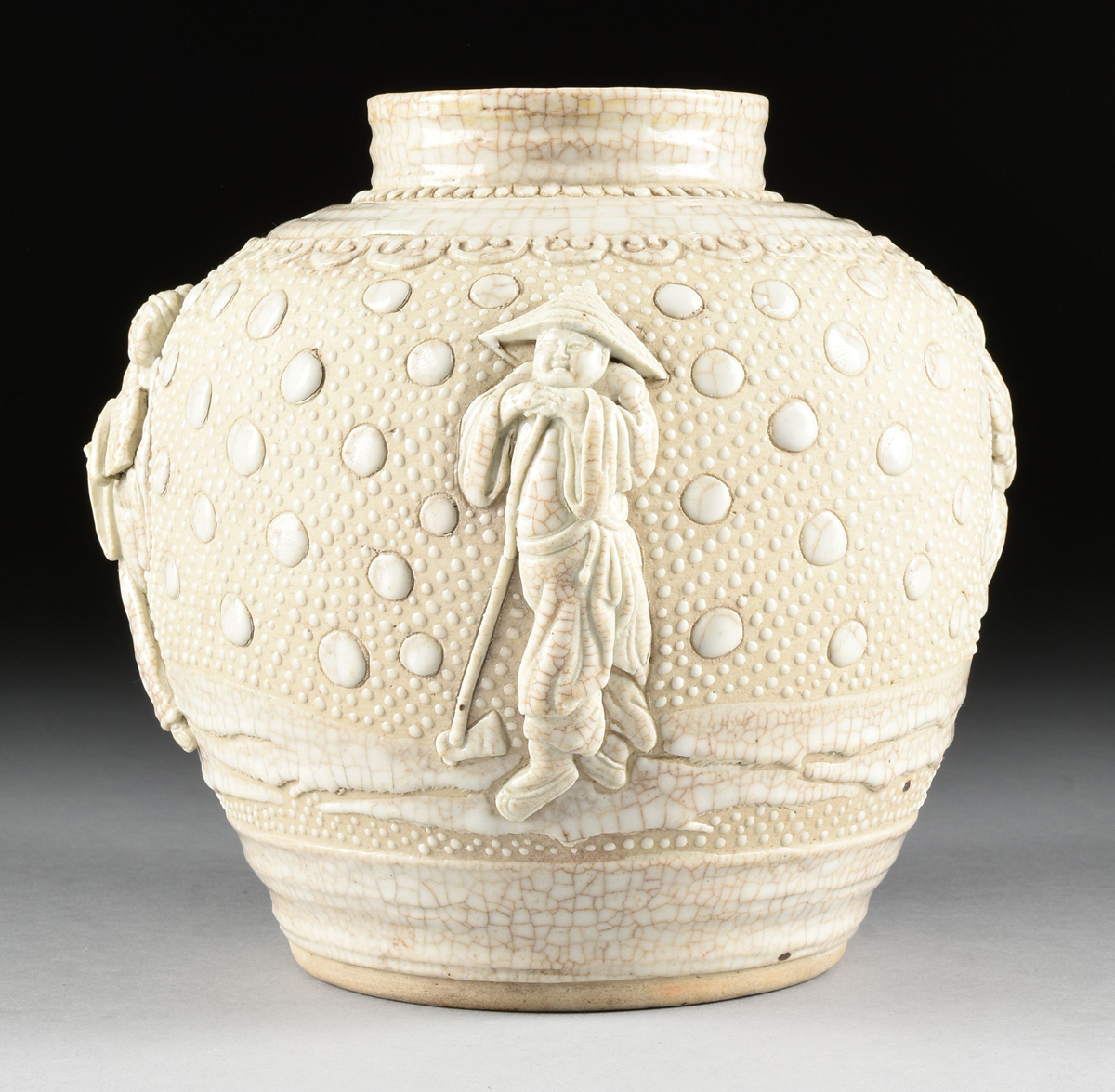 A CHINESE PORCELAIN URN WITH MOLDED DECORATION, 20TH CENTURY, with cream crackle glaze and molded - Image 7 of 14