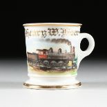 AN AMERICAN RAILROAD THEMED TRANSFER PRINTED PORCELAIN SHAVING MUG, LATE 19TH CENTURY, the single