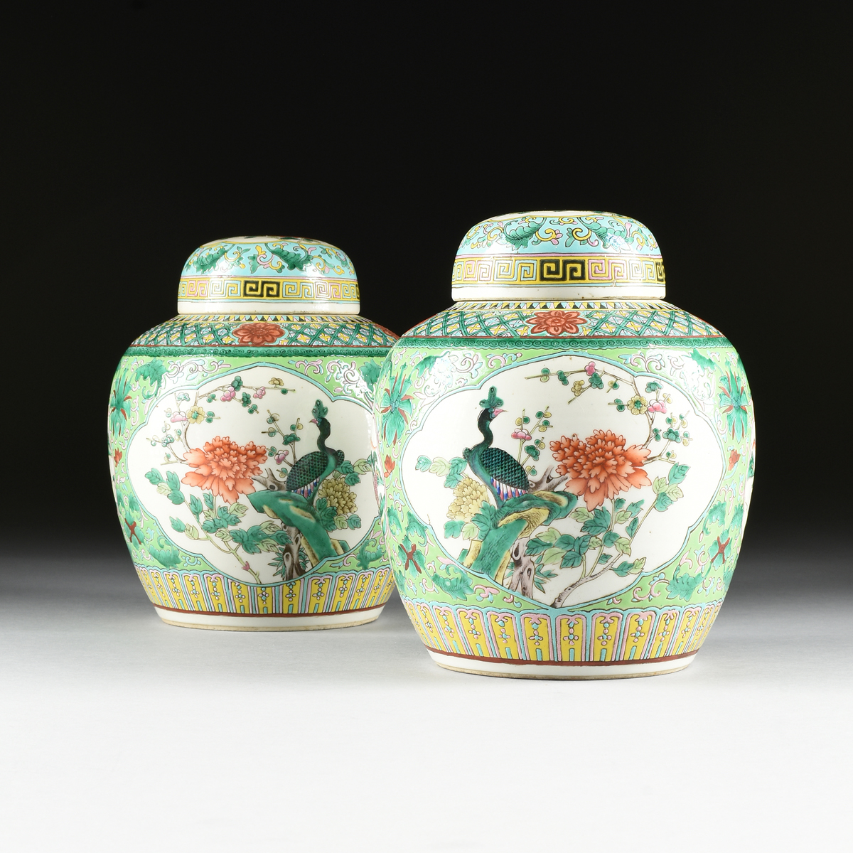 A PAIR OF CHINESE "FAMILLE VERTE" PORCELAIN GINGER JARS WITH LIDS, REPUBLIC PERIOD CIRCA 1917-