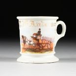 A GERMAN PORCELAIN TRANSFER PRINTED OCCUPATIONAL SHAVING MUG -- HORSE DRAWN STAKE WAGON, CIRCA