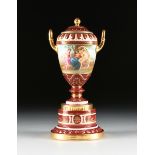 A ROYAL VIENNA STYLE PORCELAIN COVERED VASE ON STAND, PROBABLY GERMANY, CIRCA 1880, the gilt