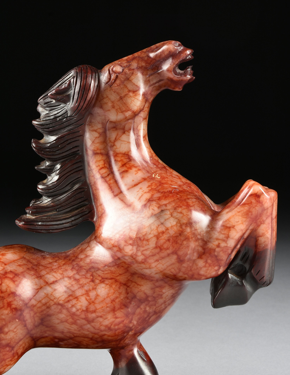 A CHINESE TANG STYLE HARD STONE FIGURE OF A HORSE, 20TH CENTURY, a running horse with brown mane - Image 2 of 9