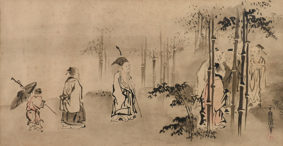 A CHINESE FIGURAL INK PAINTING, 20TH CENTURY, showing eight figures in a bamboo forest, ink on